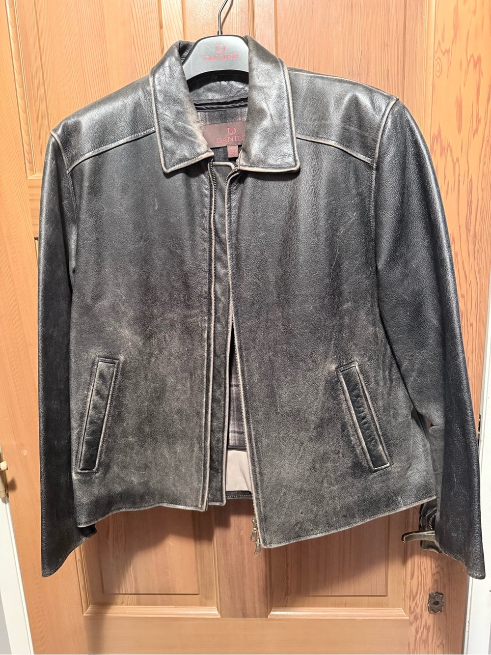 Distressed Leather Jacket - Black Mens Zip-Front Coat